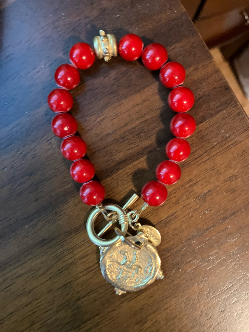 Coral Bead Bracelet with Gold Medallion Charm - Picture 3 of 3